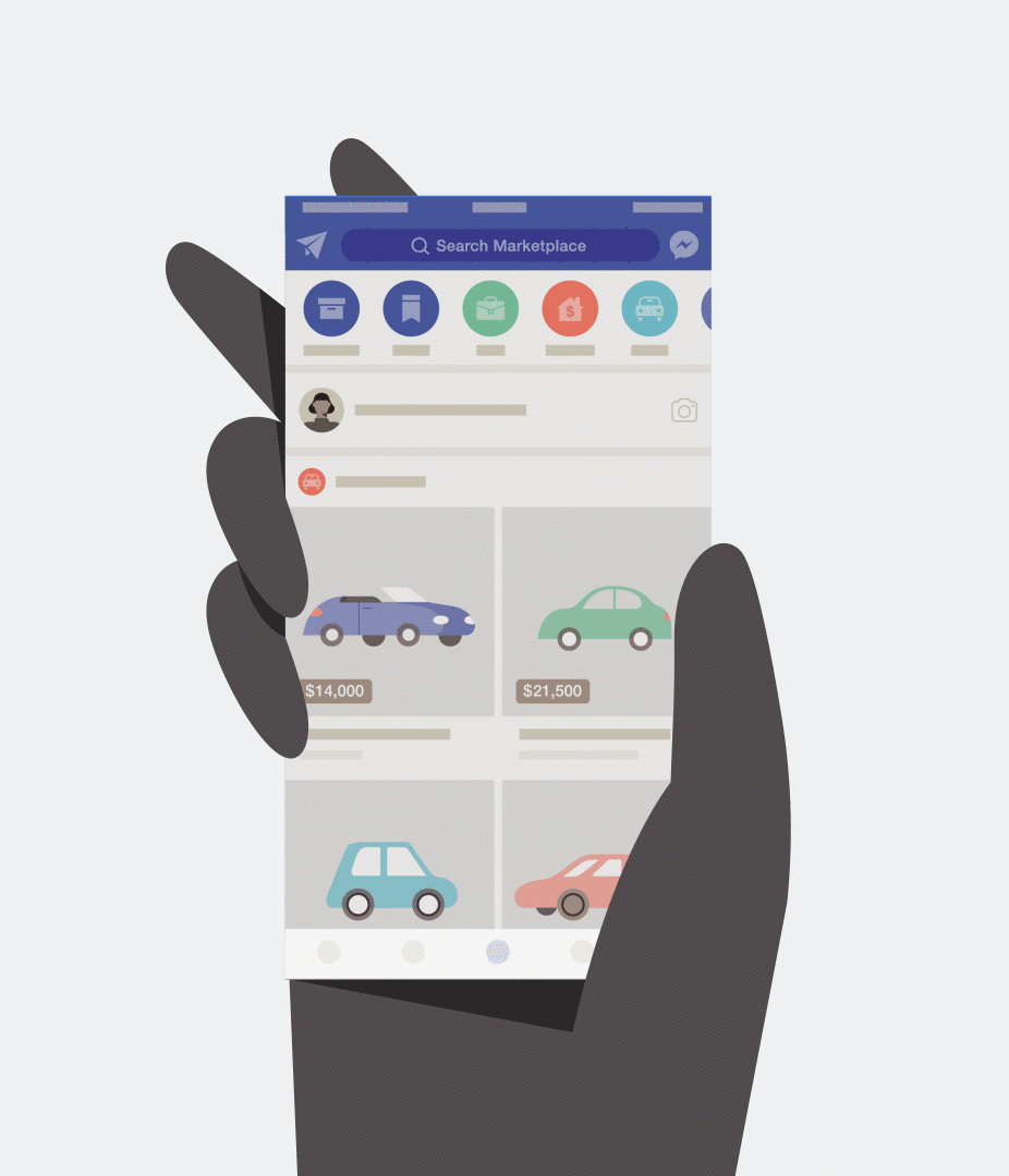 Een hand houdt een telefoon vast waarop een app voor autoverkoop te zien is, met diverse automodellen en bijbehorende prijzen.