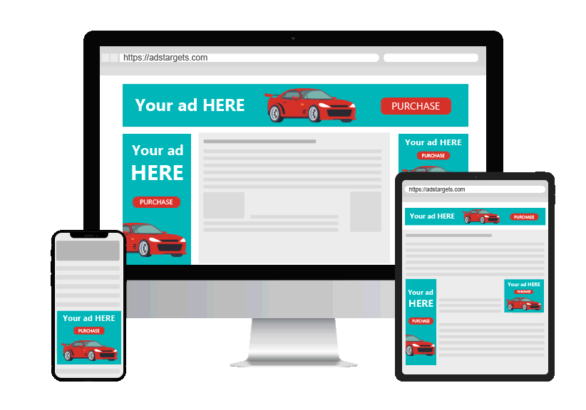 Websiteadvertenties die worden weergegeven op computers, tablets en smartphones. Autoadvertentie in turquoise en rode kleuren.