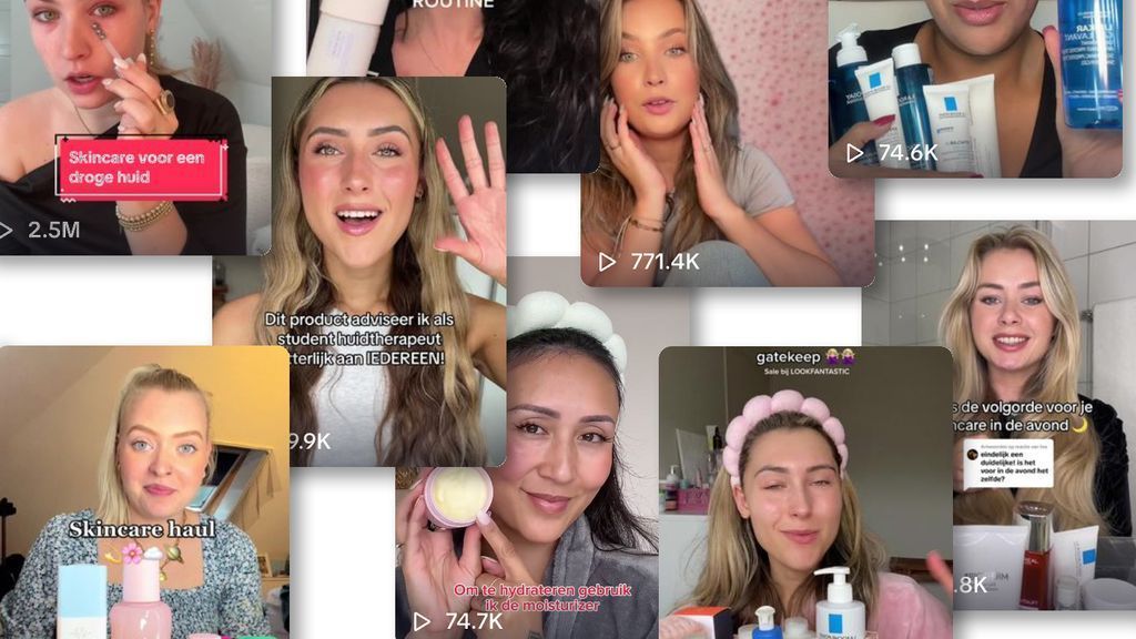 Een collage van mensen die huidverzorgingsproducten presenteren, lachend en pratend.