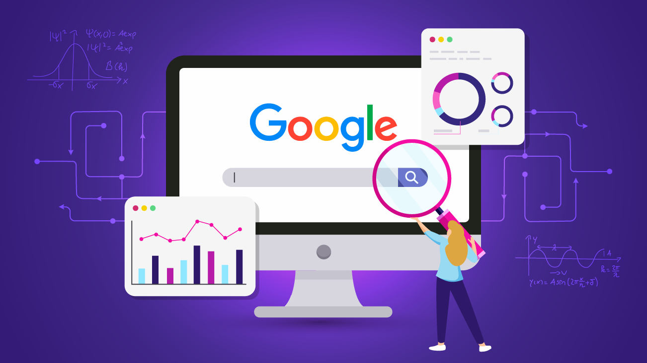 Een vrouw analyseert Google-zoekresultaten met behulp van grafieken, een vergrootglas en een computerscherm, tegen een paarse achtergrond.