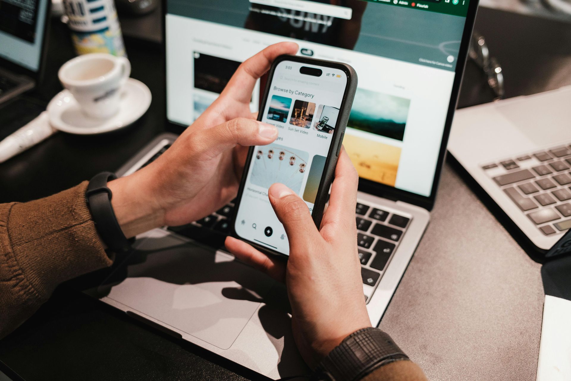 Digital marketing strategy displayed across laptop and mobile devices for local SEO and AI search. .