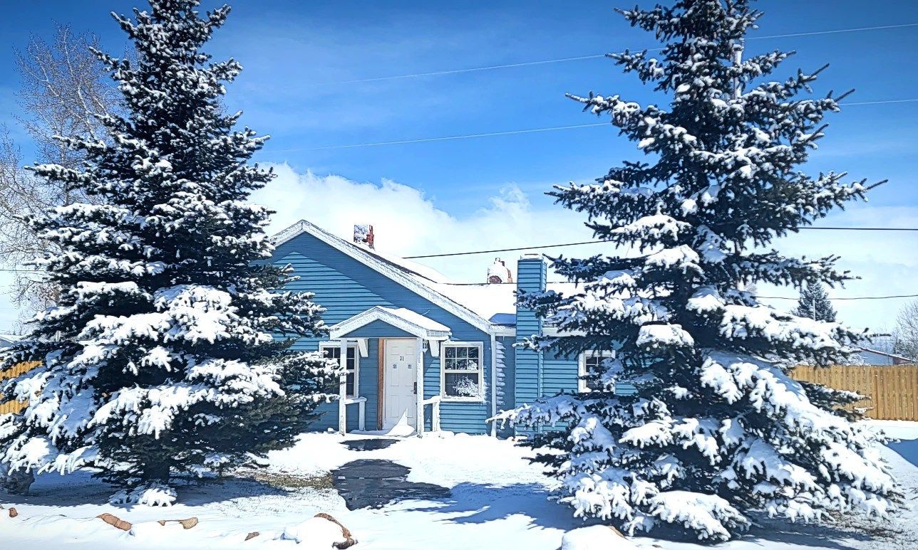 A blue house is surrounded by snow covered trees.