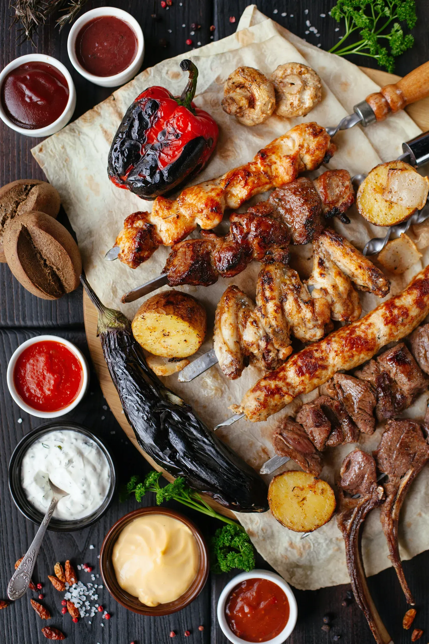 Grilled skewers with various meats, vegetables, and sauces on a wooden platter.