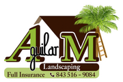 Aquila Landscaping logo with green and brown text, palm tree, house roof, and phone number 843-516-9084