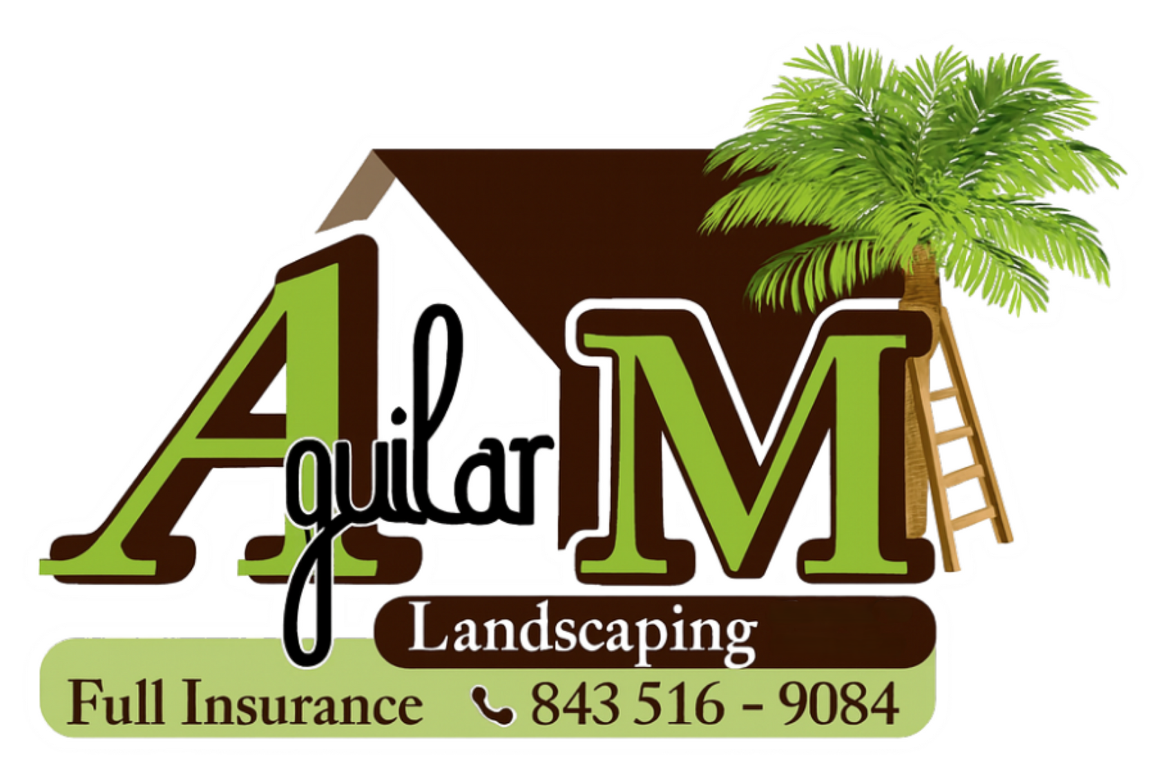 Aquila Landscaping logo with green and brown text, palm tree, house roof, and phone number 843-516-9084