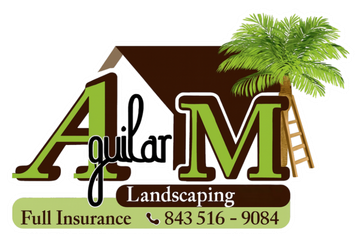 Aquila Landscaping logo with green and brown text, palm tree, house roof, and phone number 843-516-9084