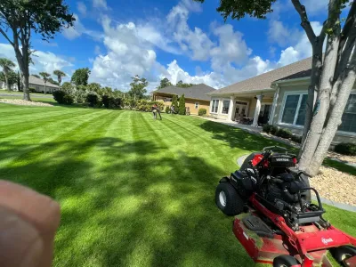 Sunny backyard with manicured lawn, house patio, and a red lawn mower in the foreground