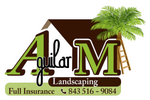 Aquila Landscaping logo with green and brown text, palm tree, house roof, and phone number 843-516-9084