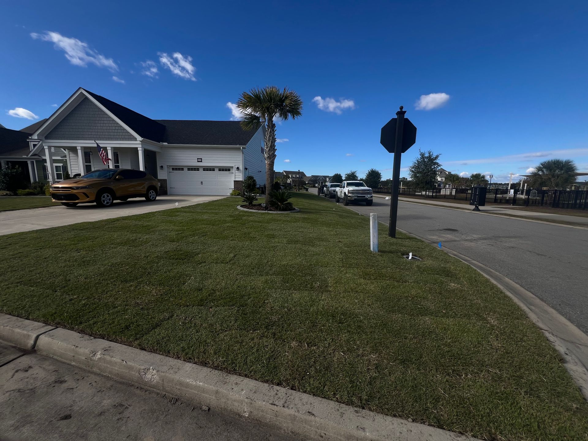 Suburban street corner with a white house, grassy lawn, stop sign, and blue sky