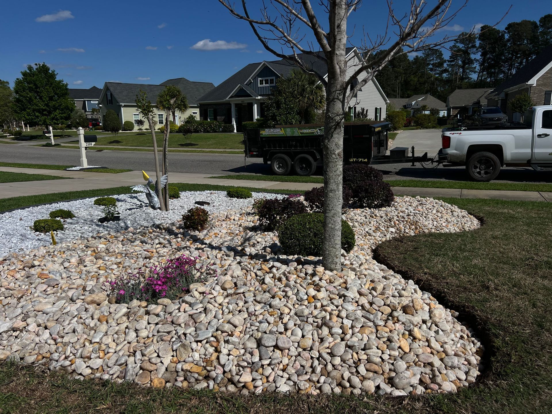 Landscaped front yard with white rocks, small shrubs, and a tree beside a suburban street under a blue sky