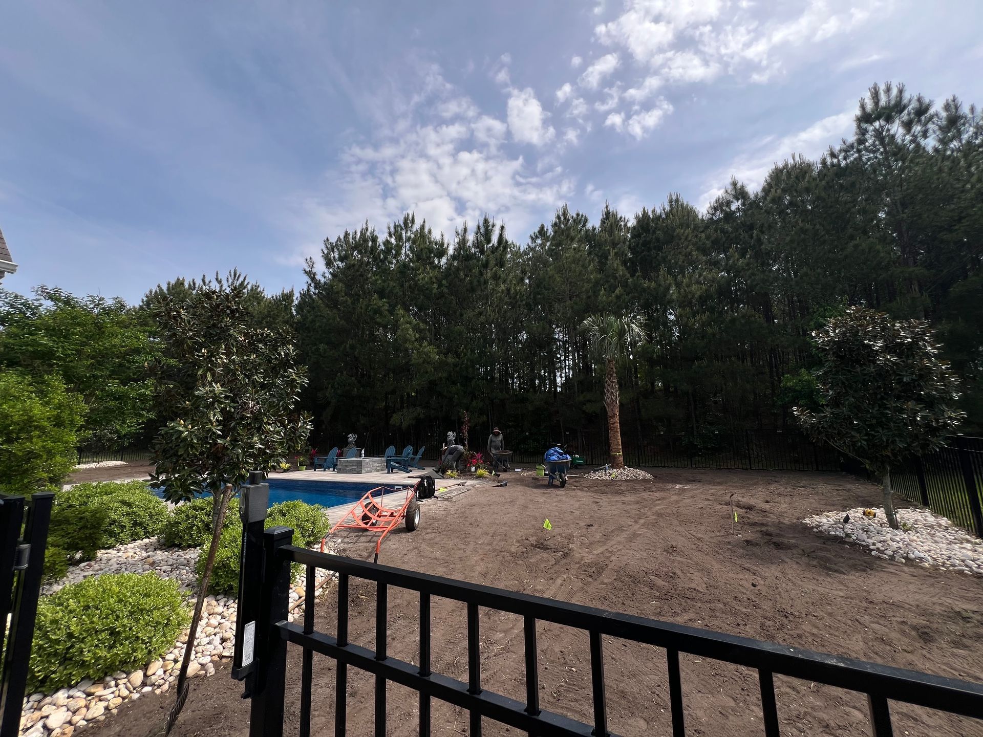 Backyard with a black fence, shrubs, trees, and people gathered near a small blue pool under a cloudy sky