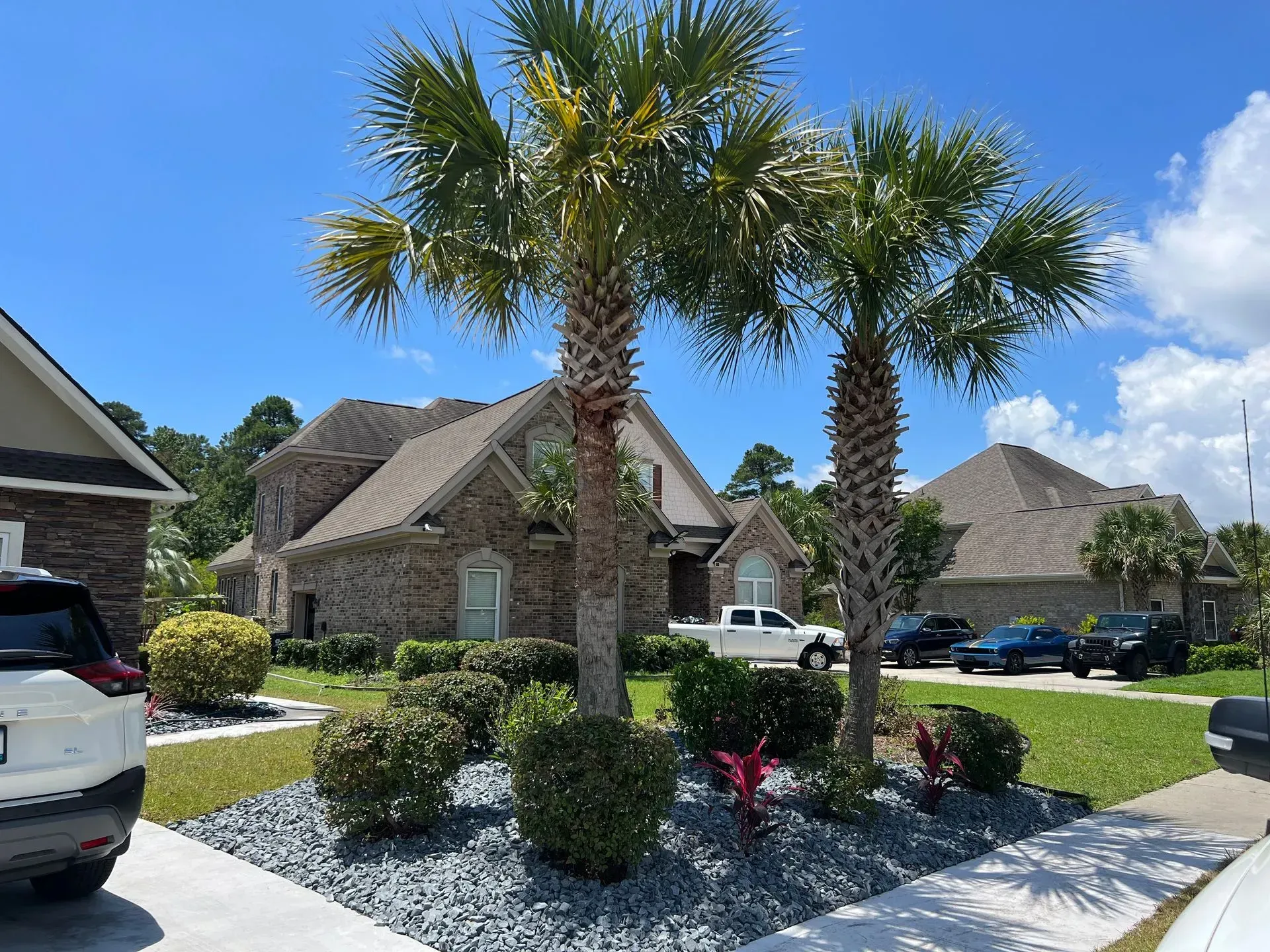 Suburban house with two palm trees, landscaped yard, and parked cars under a blue sky