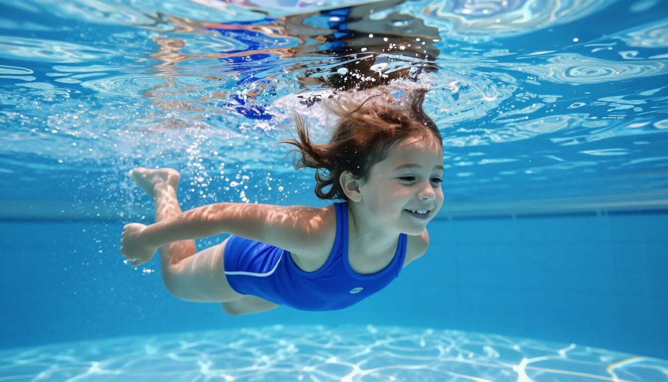 Child wearing goggles smiling at the edge of an indoor swimming pool.