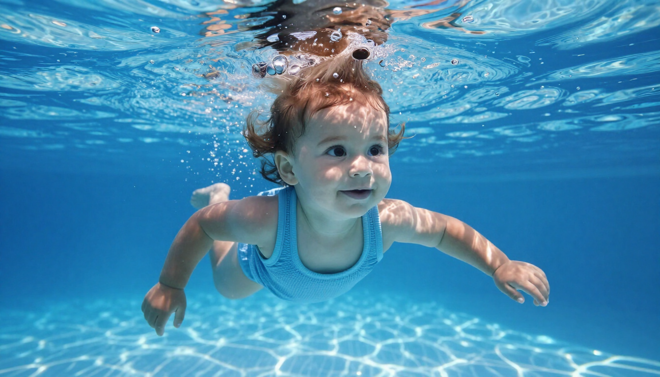 A happy toddler learning to swim independently in a bright blue pool.