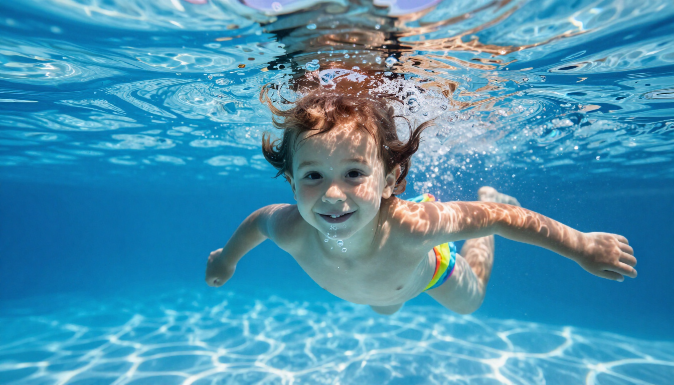 Child swimming underwater with a smile