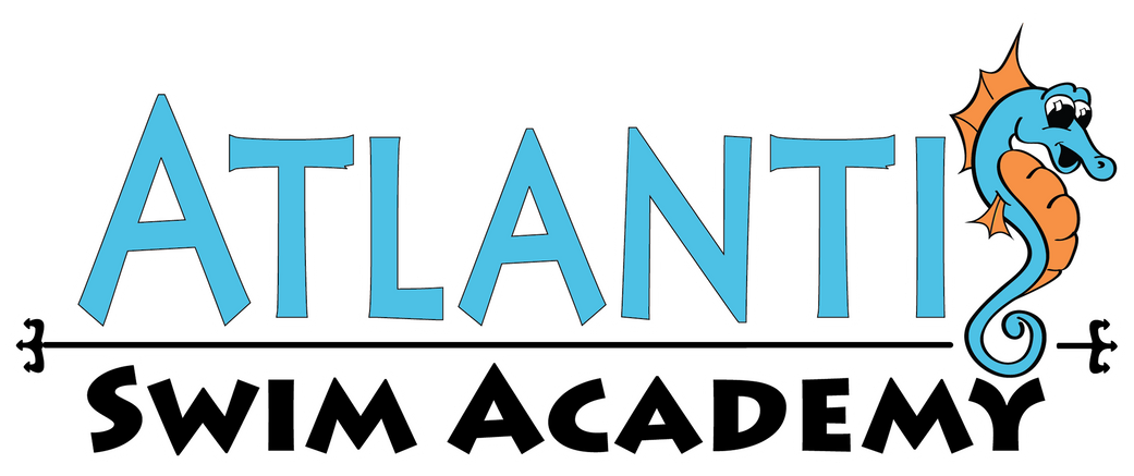 Logo for Atlantis Swim Academy, featuring light blue text with a seahorse. 