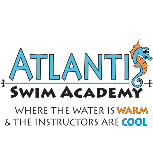 Logo for Atlantis Swim Academy, a seahorse, and the tagline 