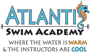 Logo for Atlantis Swim Academy, featuring light blue text and a seahorse graphic. 