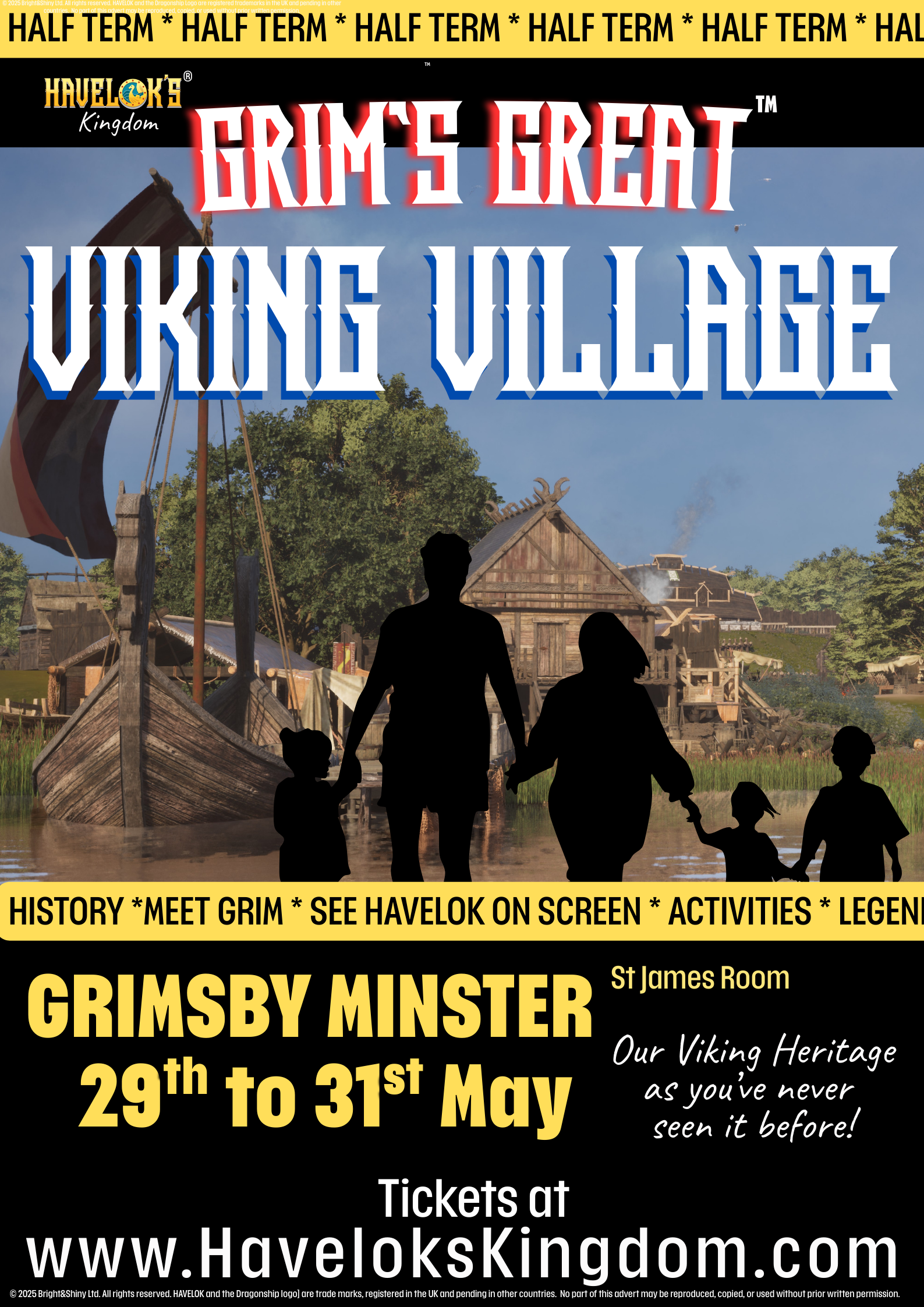Grims's Viking Village showing silhoette of family walking up to the Viking Village immersive village