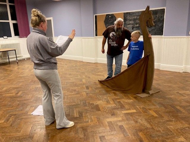Havelok and Grim the Viking in rehearsal for Grim's Great Jorvik Saga with Director Angela Pearson