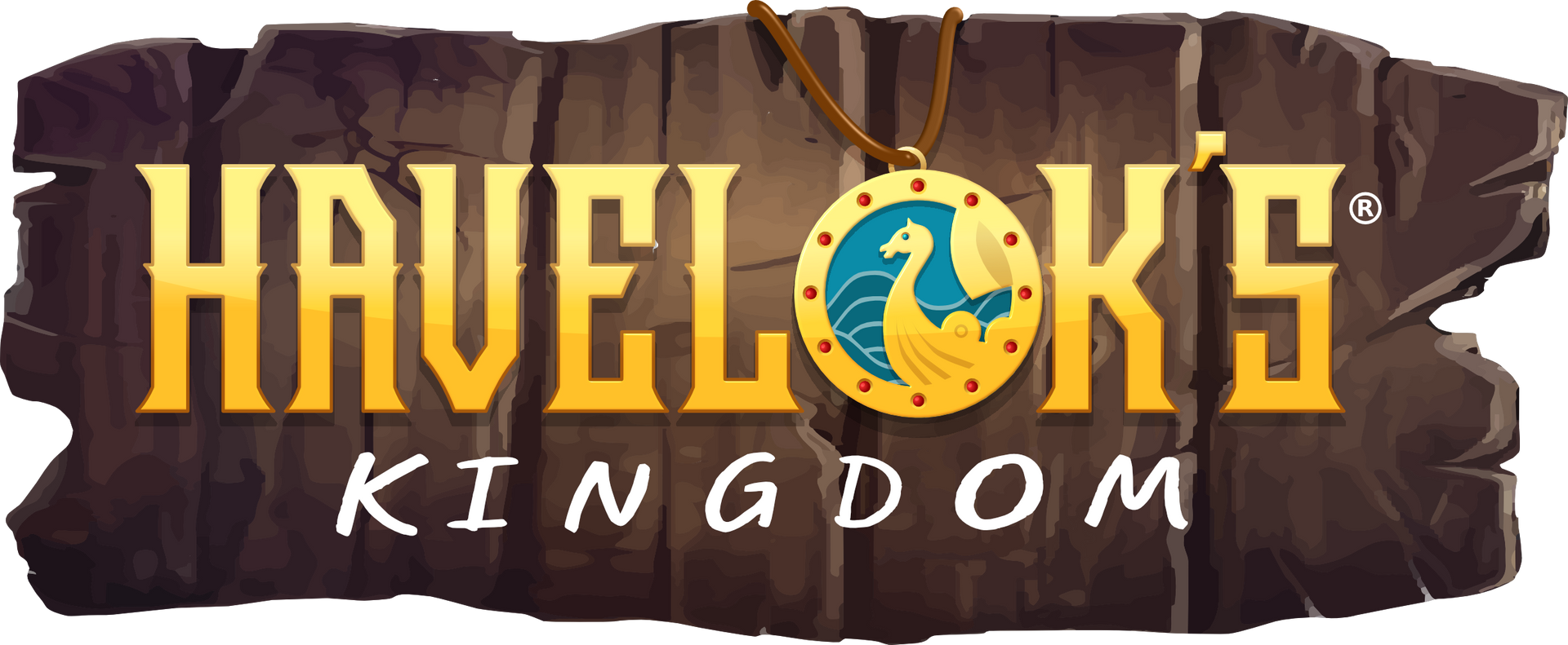 The haveloks kingdom logo is on a piece of wood.