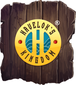 A logo for haveloks kingdom is on a piece of wood