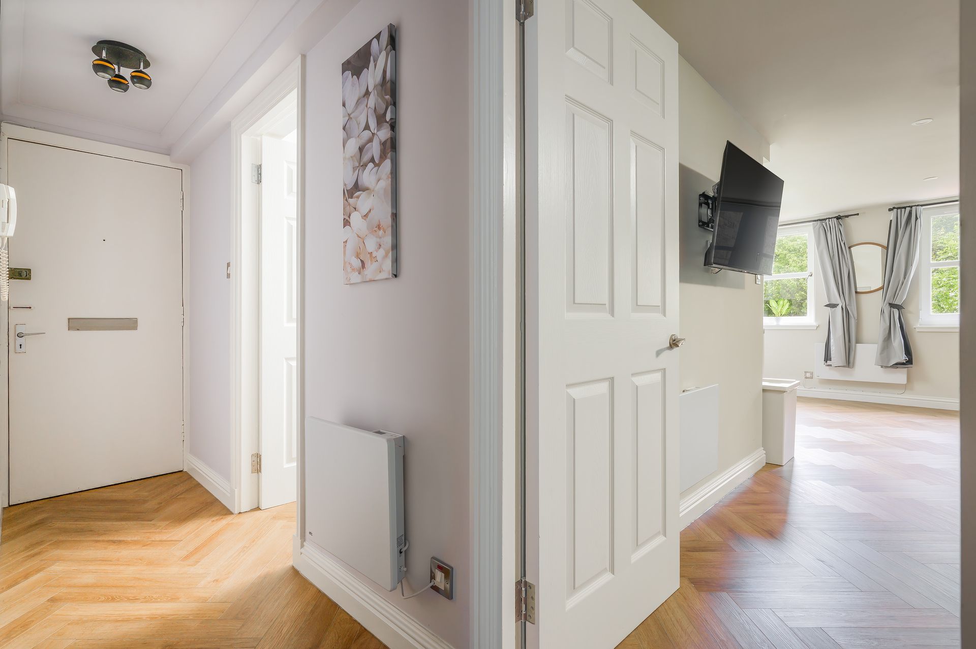 Hallway with wooden floor and white doors, leading to a living area with a mounted TV.