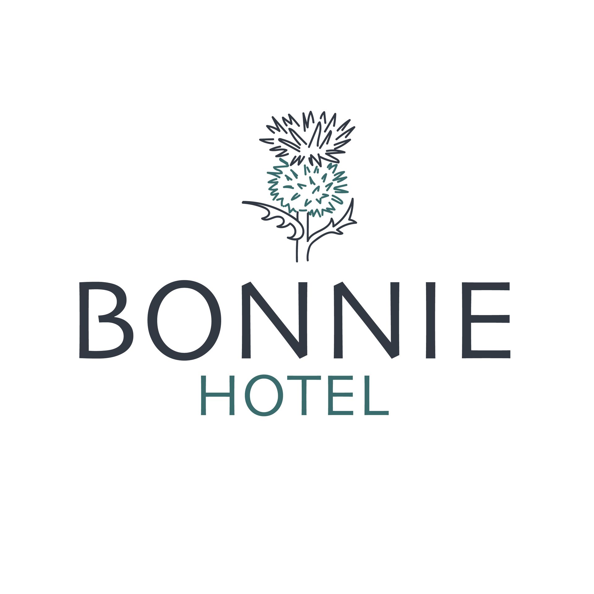 Logo of the Bonnie Hotel, featuring a thistle icon above the name in teal and dark gray.