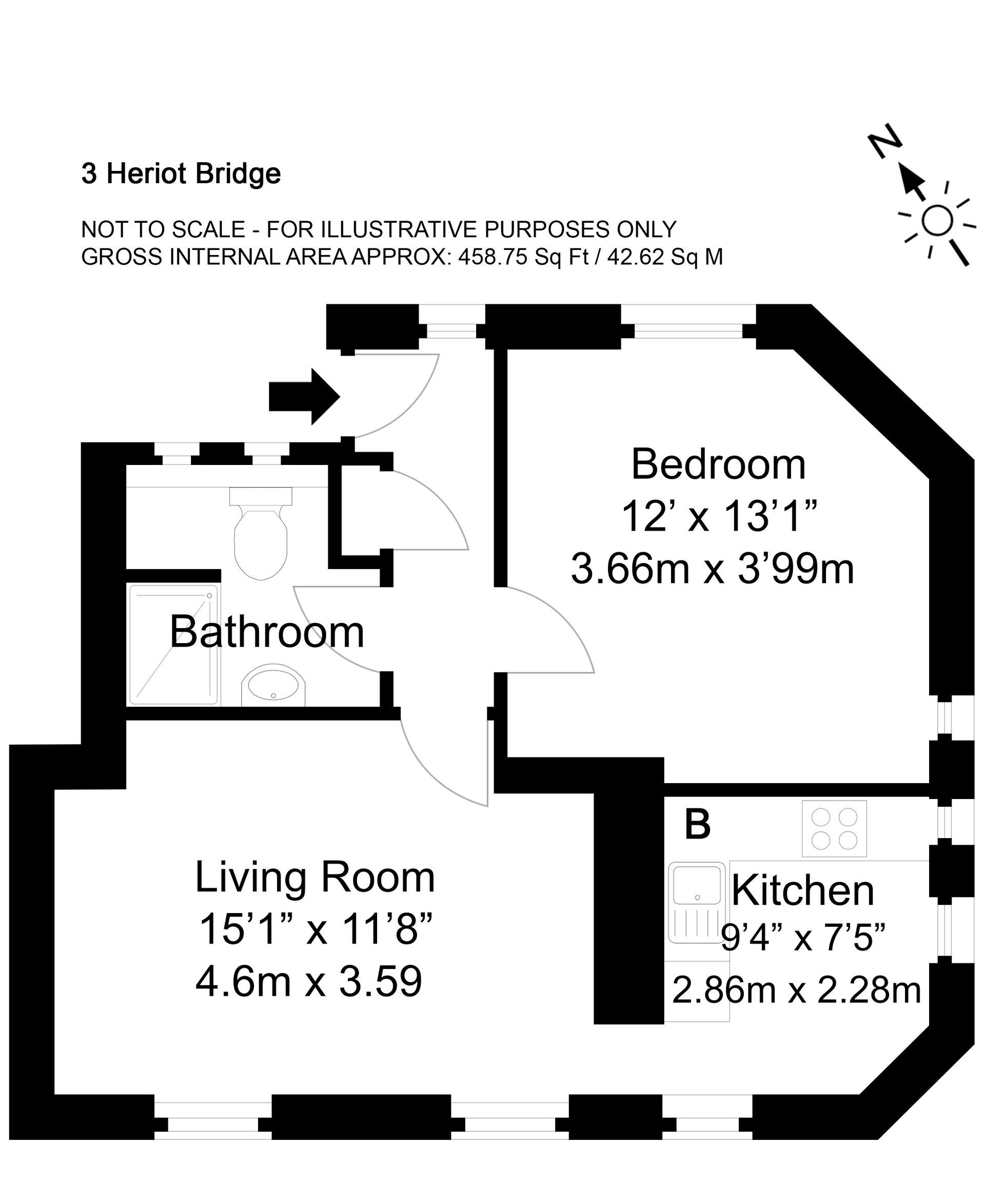 Floor plan of a house with living room, bathroom, bedroom, and kitchen, with dimensions.