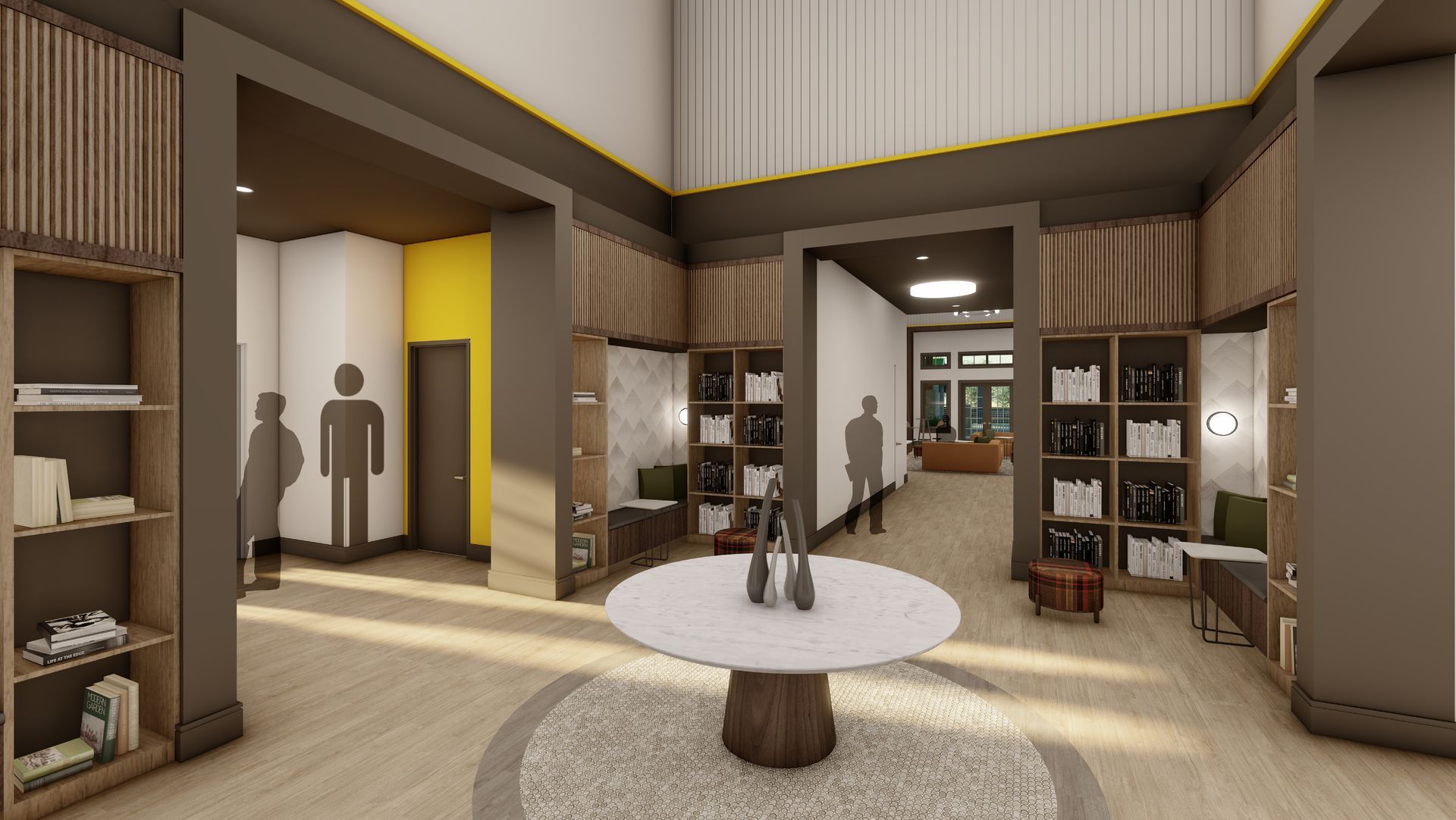 Rendering of a library hallway