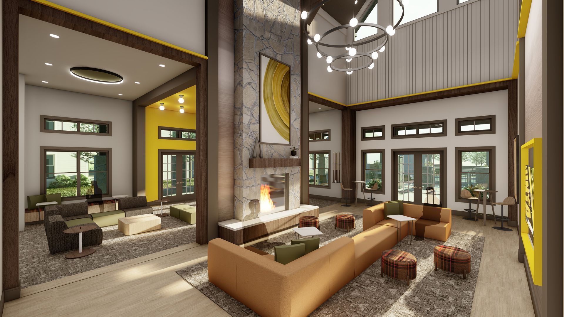Rendering of a student lounge with a fireplace and various places to sit