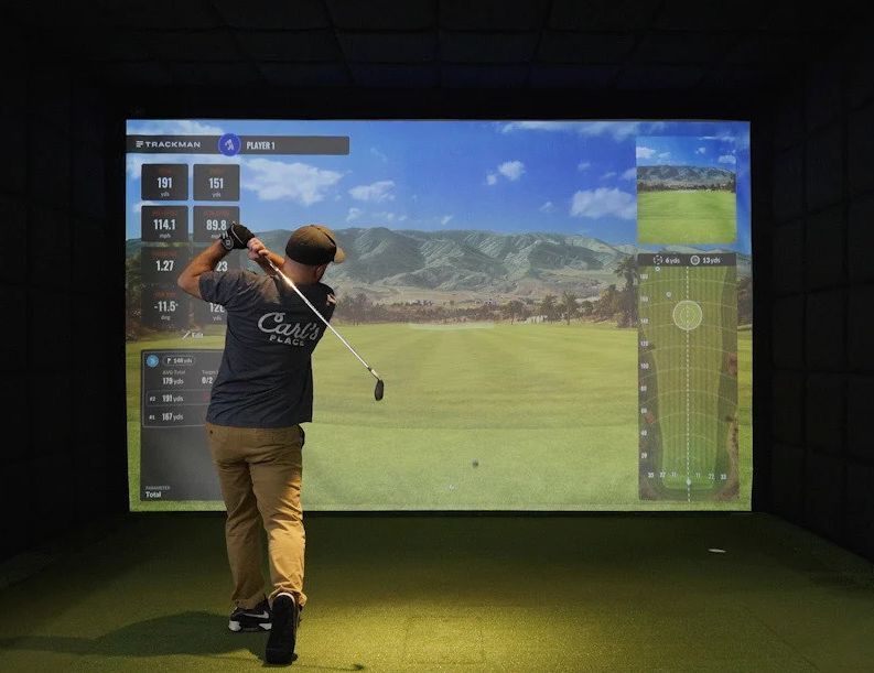 Image of a person using a multi-sport activity simulator to play a golf game