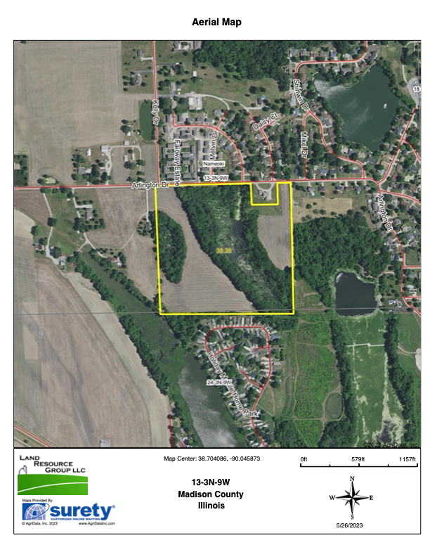 Aerial map with a yellow outlined property near fields, trees, homes, and a lake.
