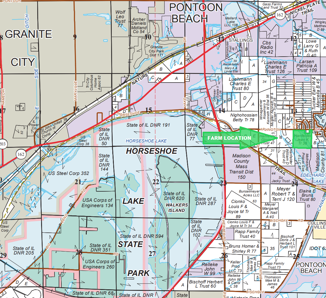Map of Granite City and Pontoon Beach with roads, neighborhoods, and colored route lines.