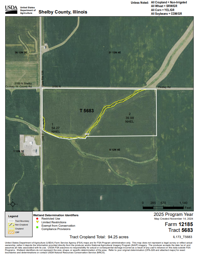 Satellite map of Shelby County, Illinois showing a highlighted yellow parcel boundary over farmland.