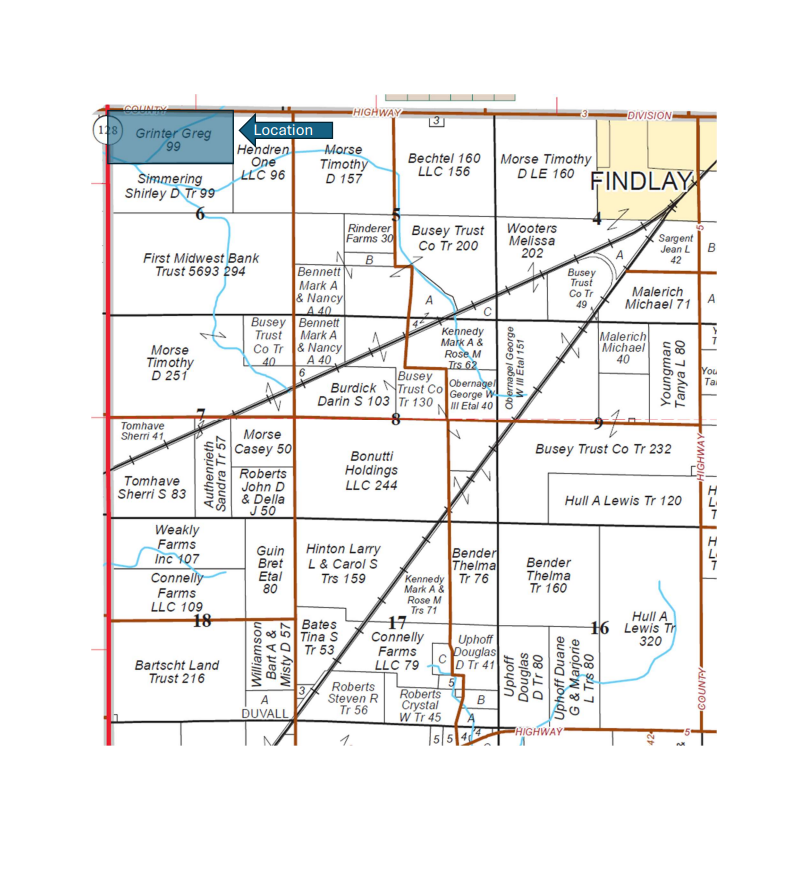 Street map of Findlay with labeled roads, blocks, and a bold diagonal route line