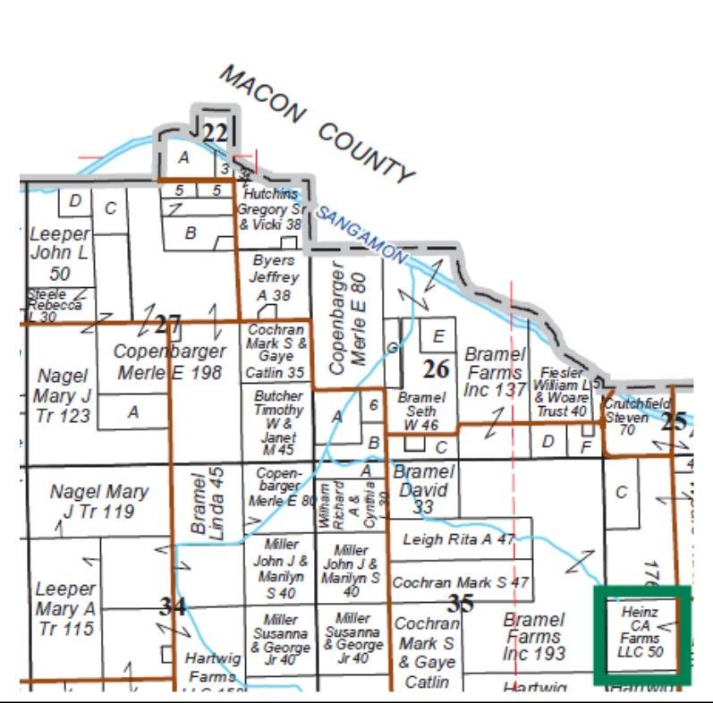 Black-and-white county map with labeled parcels, roads, and names; highlight box around a small area in green.