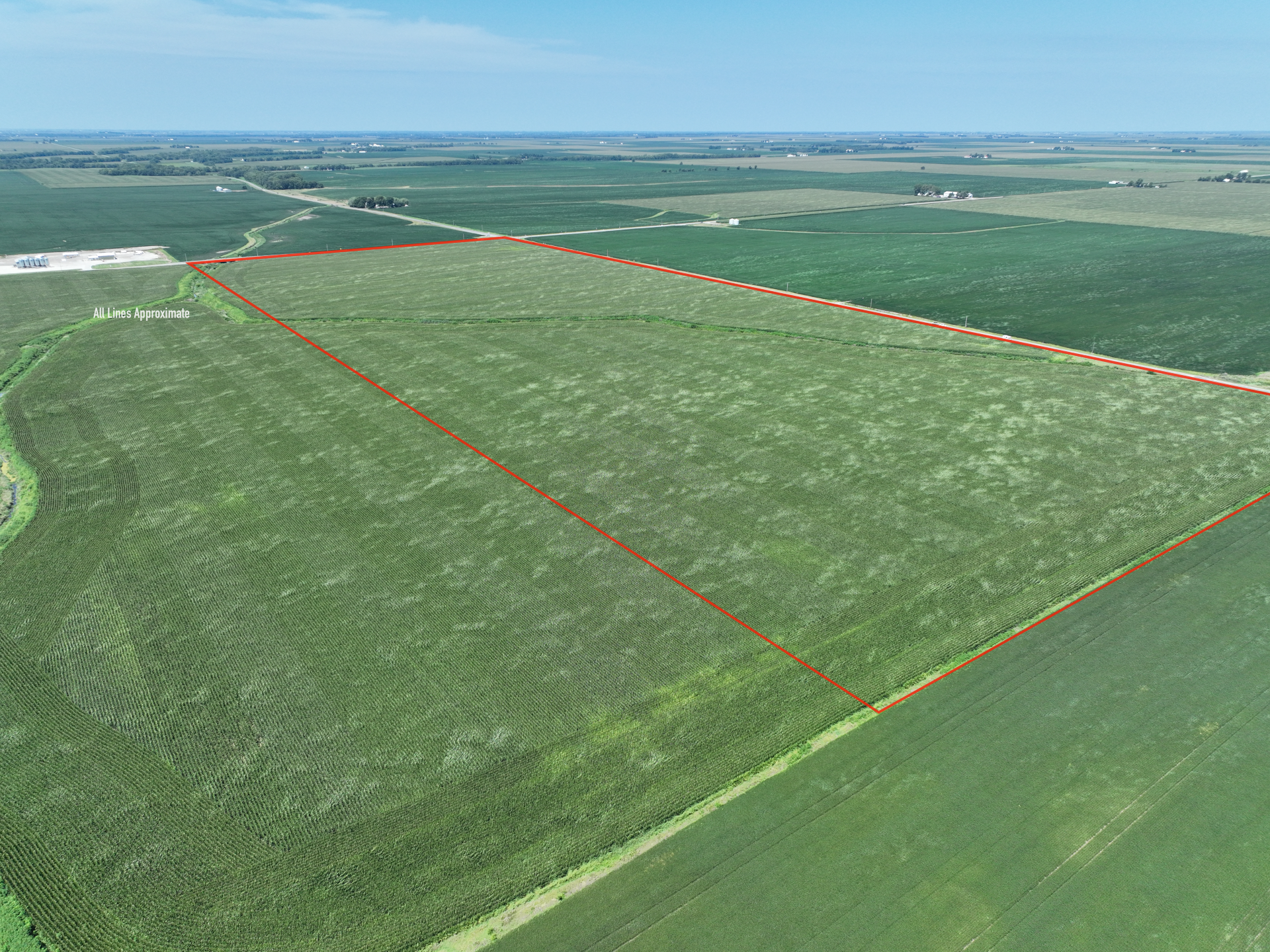 Aerial view of large green farmland fields outlined with red boundaries under a hazy sky