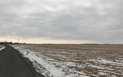 Snow-dusted empty field beside a road under a gray cloudy sky