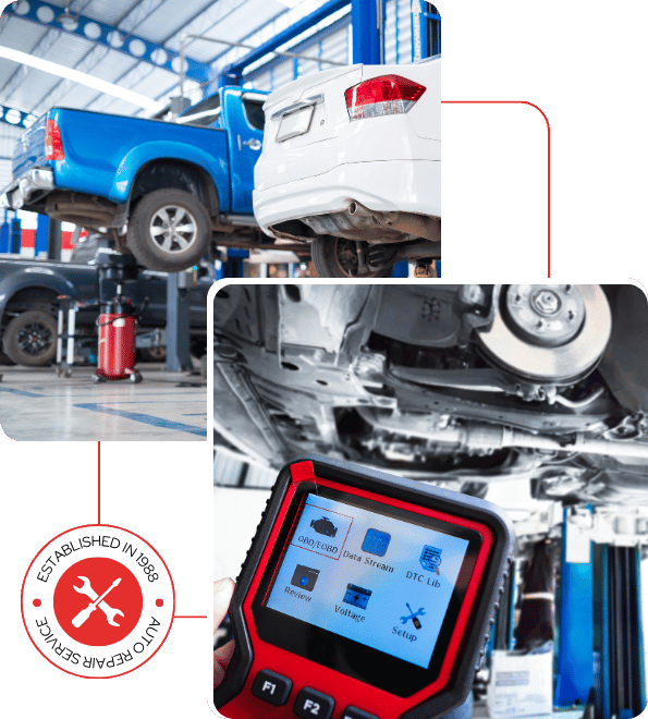 Car lift auto repair collage with blue and white vehicles and a red diagnostic tablet in a garage