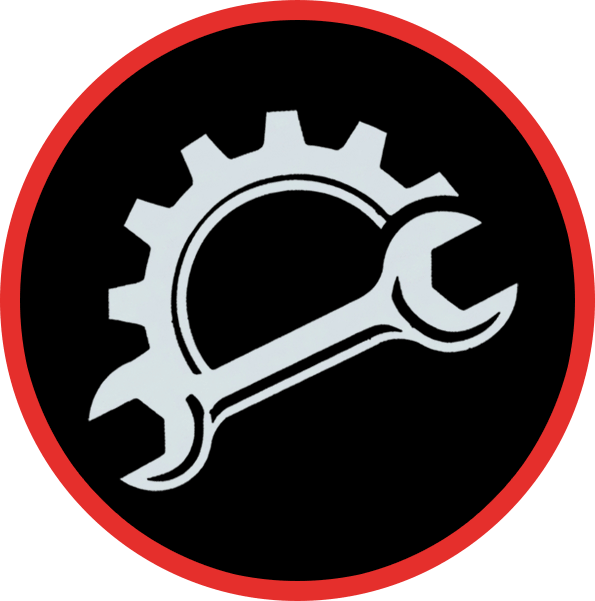 White gear and wrench icon on a black circle with a red border