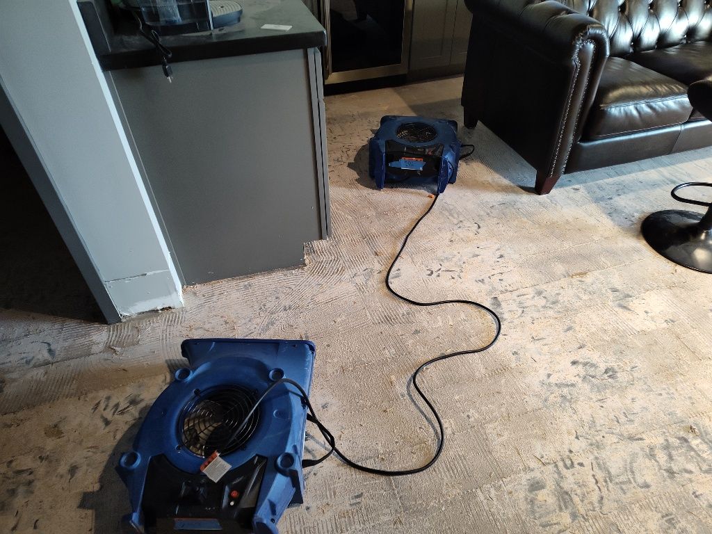A blue fan is sitting on the floor in a living room next to a couch.