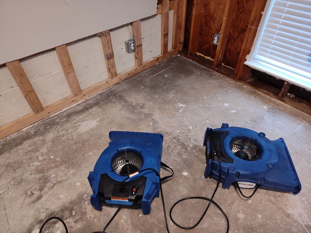 Two blue fans are sitting on a concrete floor in a room.