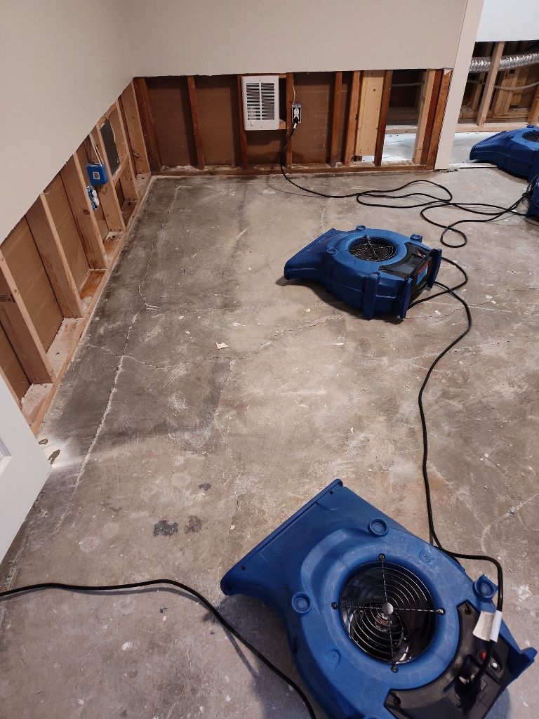A bunch of blue fans are sitting on the floor of a room.