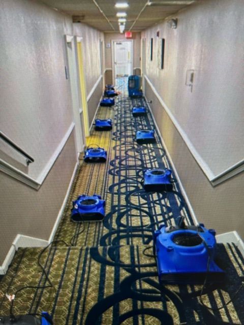 A long hallway with blue vacuum cleaners on the floor
