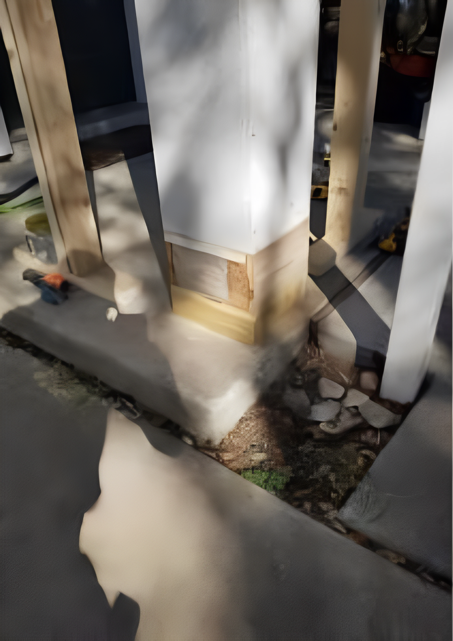 A pillar is being built on the side of a house.