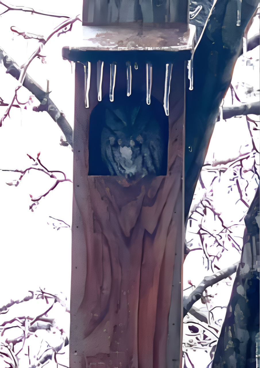 A wooden birdhouse with icicles hanging from it