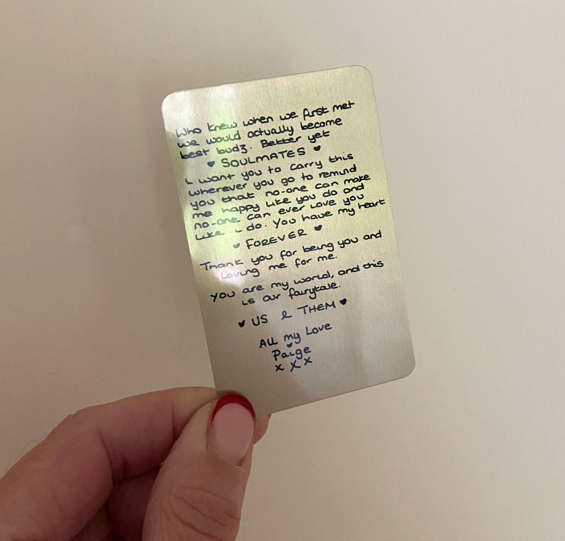 Handwriting gifts for him, metal wallet card insert