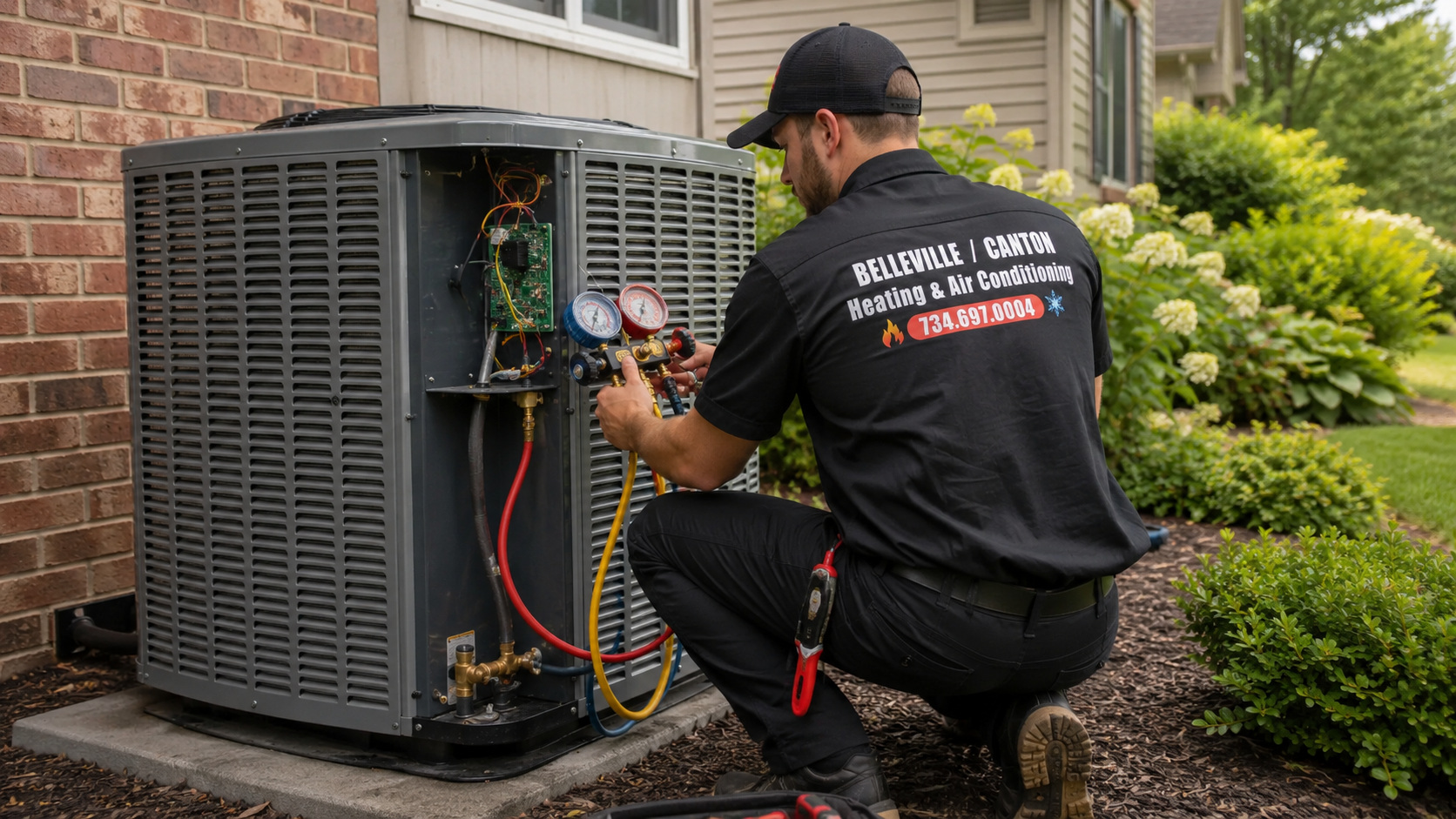 Technician kneeling beside a rooftop HVAC unit, working with tools on a flat roof.