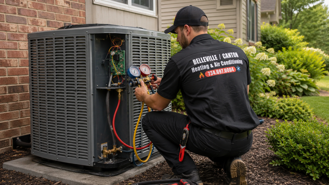 Person in an orange jacket working beside an outdoor air conditioner unit near a house.